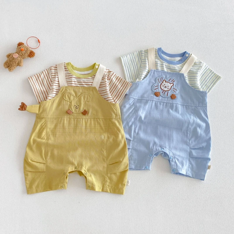 

2026 New Summer Children's Contrasting Striped Round Neck Half Sleeved T-shirt and Cute Overalls Set