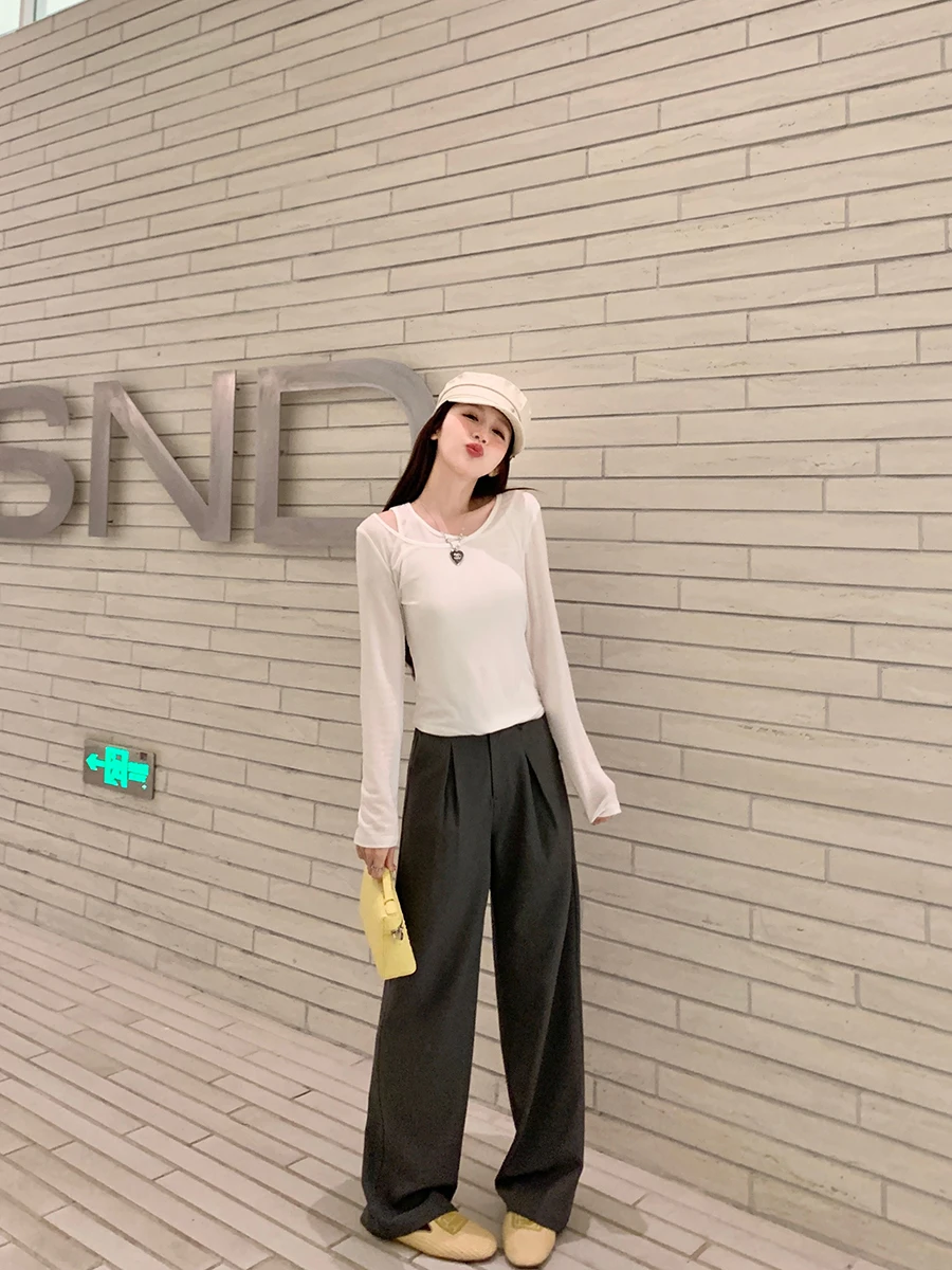 

YANUOYU Women's Casual Straight Leg Suit Pants Dra Commute Versatile Long Polyester Fiber High Waist Long Trousers