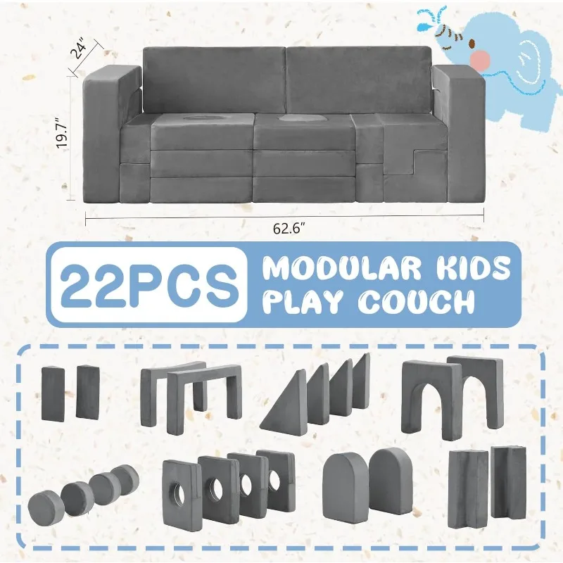 22Pcs Modular Kids Play Couch,  1000+DIY Creativing Playroom Furniture for Toddlers， Convertible Foam and Floor Cushion