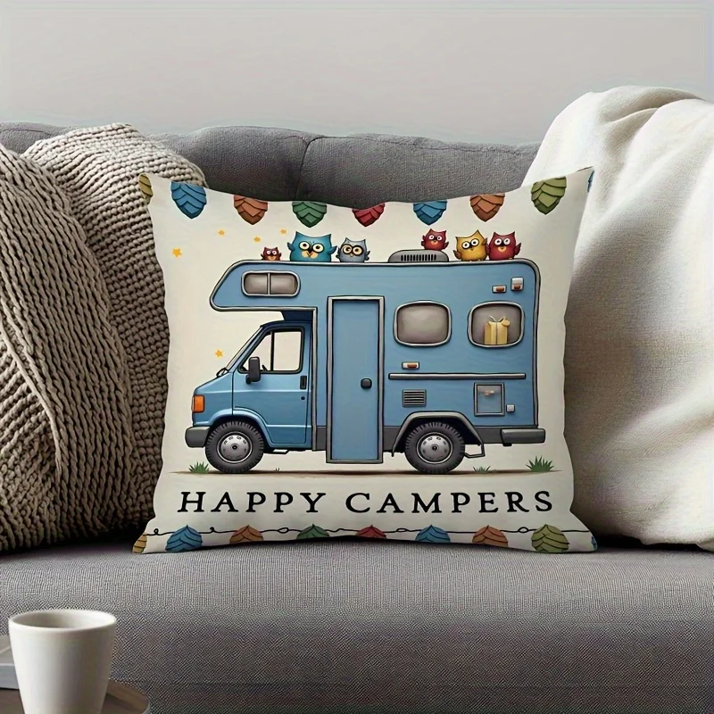 1pc Happy Campers RV with Owls Printed Throw Pillow Cover,Suitable for Sofa,Bedroom,Living Room,Fun Gift for Camping Enthusiasts