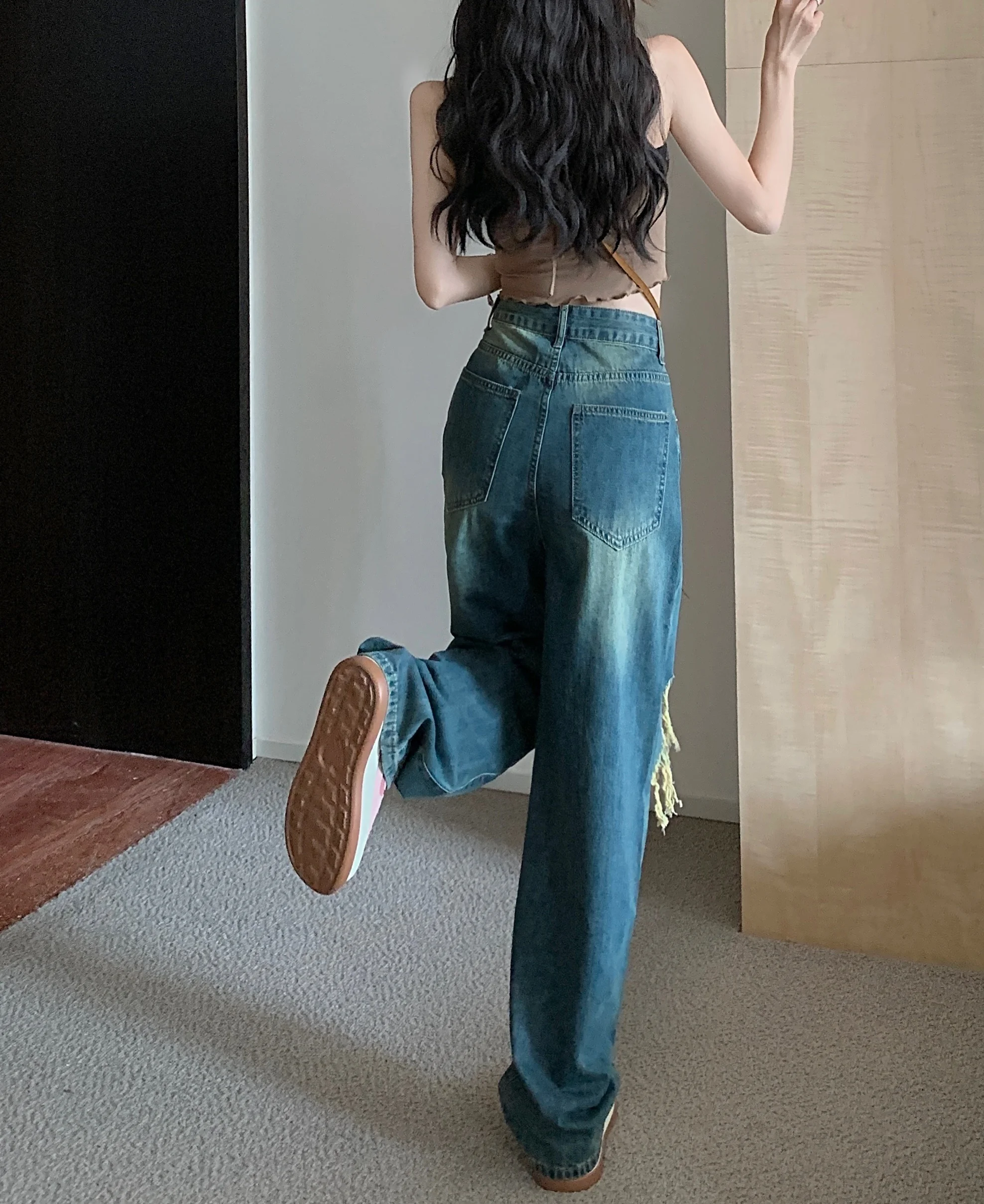 High Street Blue Hole Jeans High Waist Pants Women's Summer Loose Casual Straight Leg Wide Leg Pants Draping Feeling Made Old