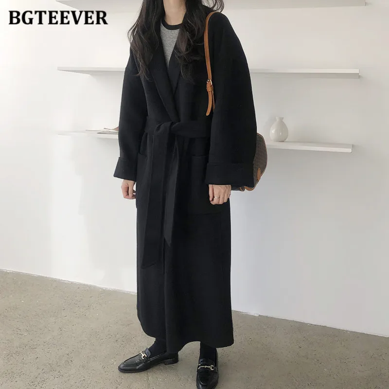 BGTEEVER Winter Loose Pockets Women Long Blend Coats Elegant Lapel Full Sleeve Lace-up Female Woolen Overcoats