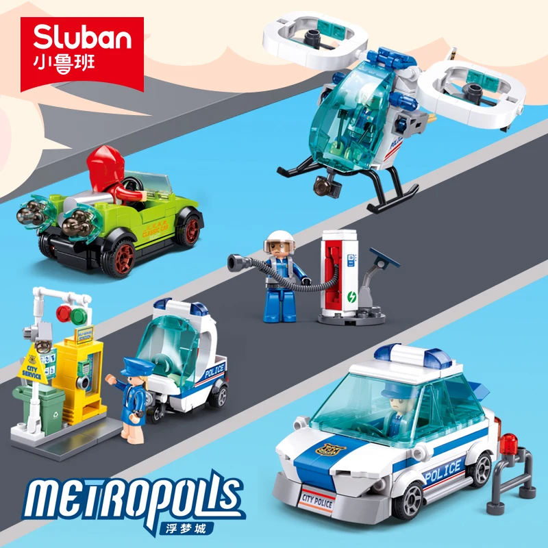 Sluban City Police Building Blocks Toy Set Police Vehicles Car Motorcycles Helicopters Mini Action Figures Kit Gifts For Kids