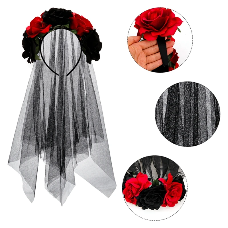 

Women Halloween Artificial Rose Flower Skull Face Headband with Black Lace Veil Mexican Day of The Dead Crown Cosplay Hair Hoop