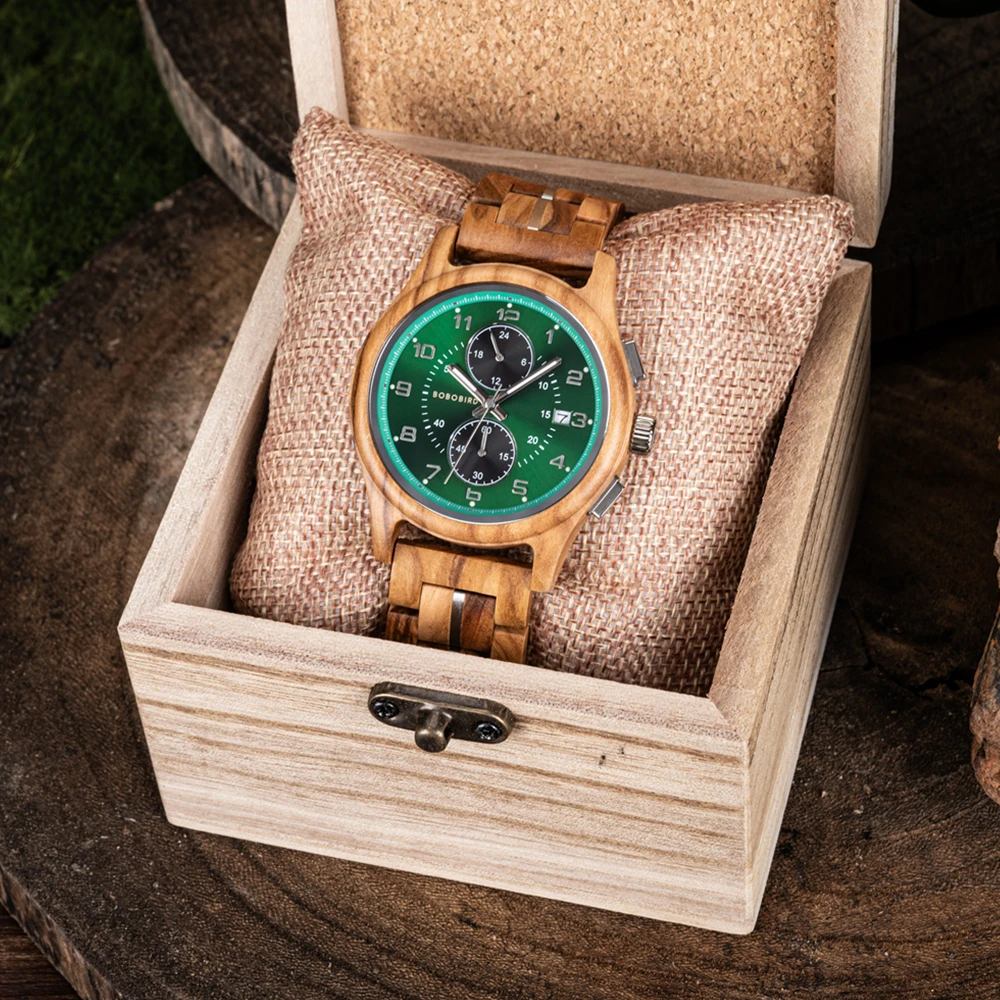 BOBO BIRD Men\'s Watches Niche Wooden Wristwatch Auto Date Chronograph Luxury Casual Watch for Men OEM Customized Drop Shipping