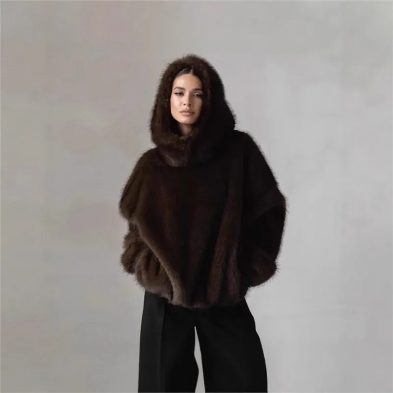 Women Faux Mink Fur Hooded Coat Oversized Loose Long Sleeve Thick Warm Winter Short Furry Jacket
