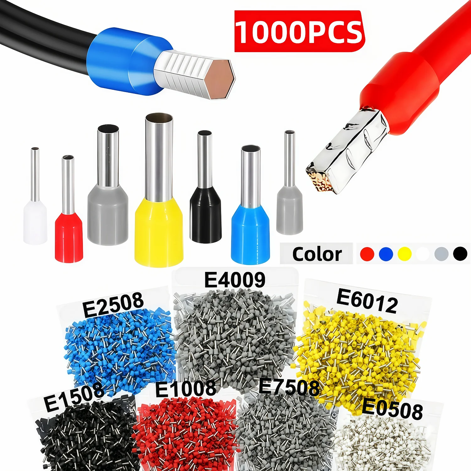 1000 unidades de terminales de crimpado tubulares, conectores de cable eléctrico, férulas E0508 E7508 E1008 E1508 E2508 E4009 E6012, manguitos de anillo