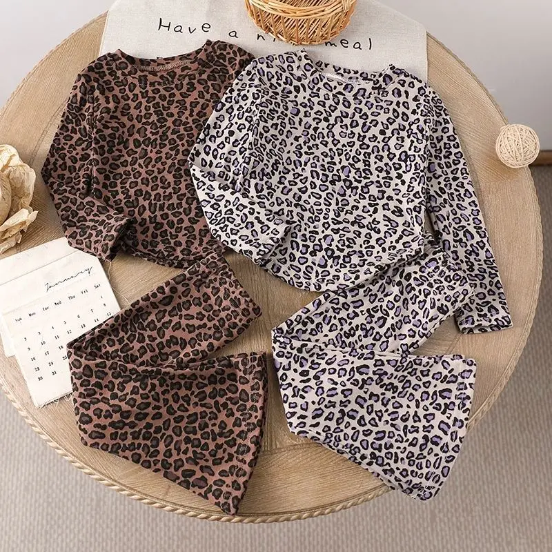 Children's Clothes Sets Girls Leopard Print Two-Piece Set Long Sleeve Tops With Flared Pants For Kids Casual Daily Clothing