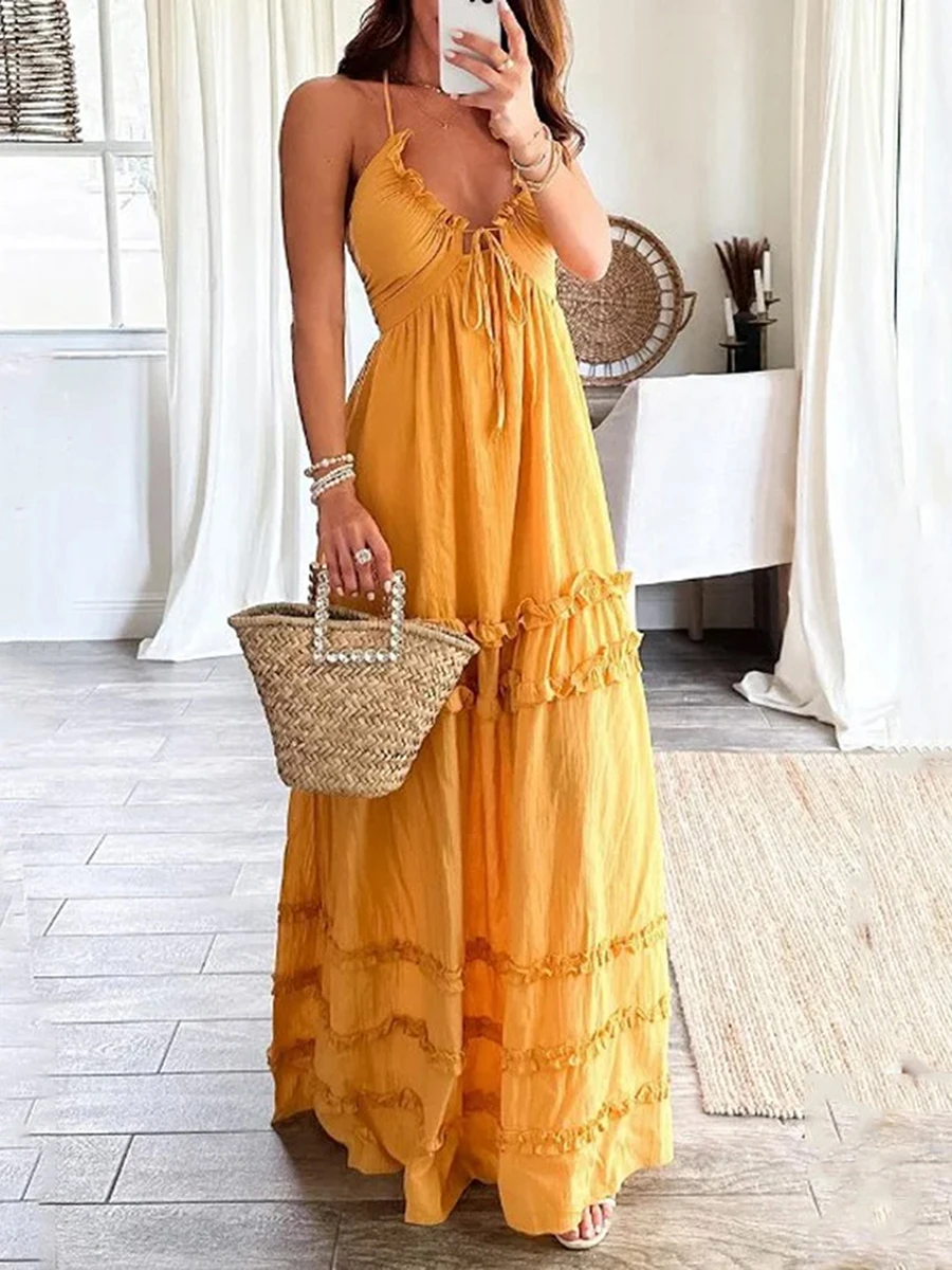 

Women Halter Long Dress Elegant Ruffles Drawstring Flowy Party Dress Summer Low Cut Tie Back Sleeveless Dress