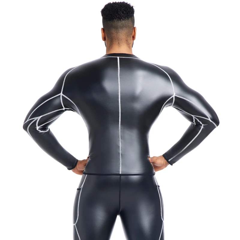 New Men Leather Pants Leather Jacket White line Faux Leather Long Sleeve Shirt Male Body Shaper Waist Trainer Corsets Zip Shirts