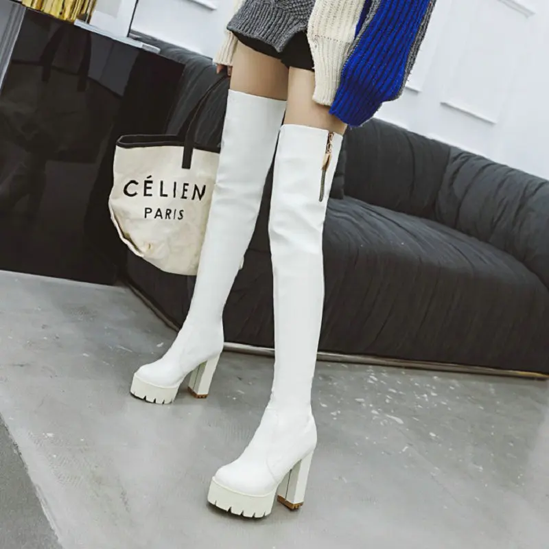 2021 winter soft PU stretch boots women shoes platform block high heels solid white black overknees boots thigh boots size 46 47