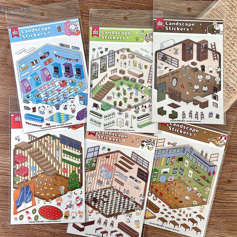 1 Set 3D Stereoscopic House Sticker DIY Cabin Scene Stacking Cute Cartoon Animal Children Stickers Hand Account Gift For Kid