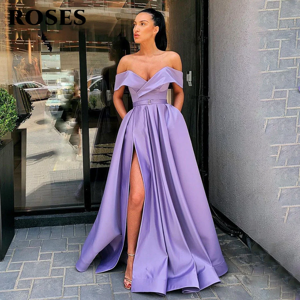 

ROSES Off Shoulder Satin Evening Dress Long Party Dress Elegant High Waist Prom Dress High Slit Robe De Soiree فساتين السهرة