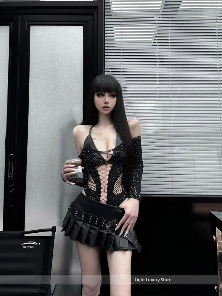 

Sexy See-through Long Sleeve Hollow out Bodysuit Net Shirt Dark Style Streetwear Cotton Blend Fabric Base Layer Cover up