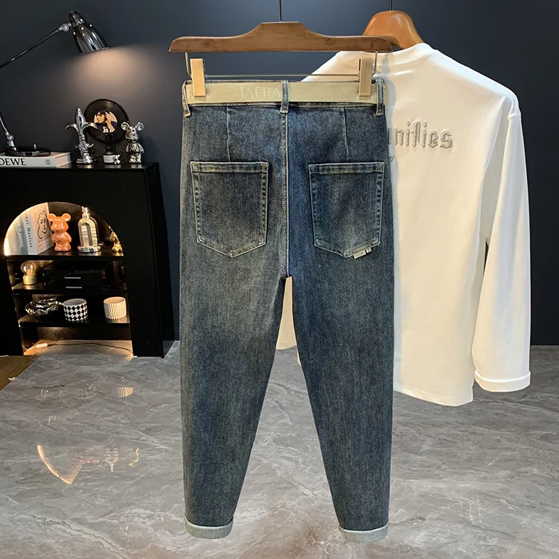 

Новые повседневные джинсы с небольшими штанинами и наклонными карманами 2023 года для мужчин, осенние универсальные облегающие и утягивающие зауженные брюки с маленькими штанинами