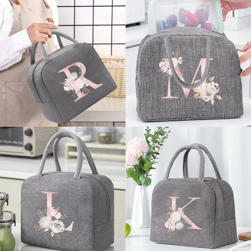 Thermal Food Picnic Lunch Box Insulated School Child Tote Lunch Bags for Work Pink Flower Letter Pattern Cooler Bag for Women