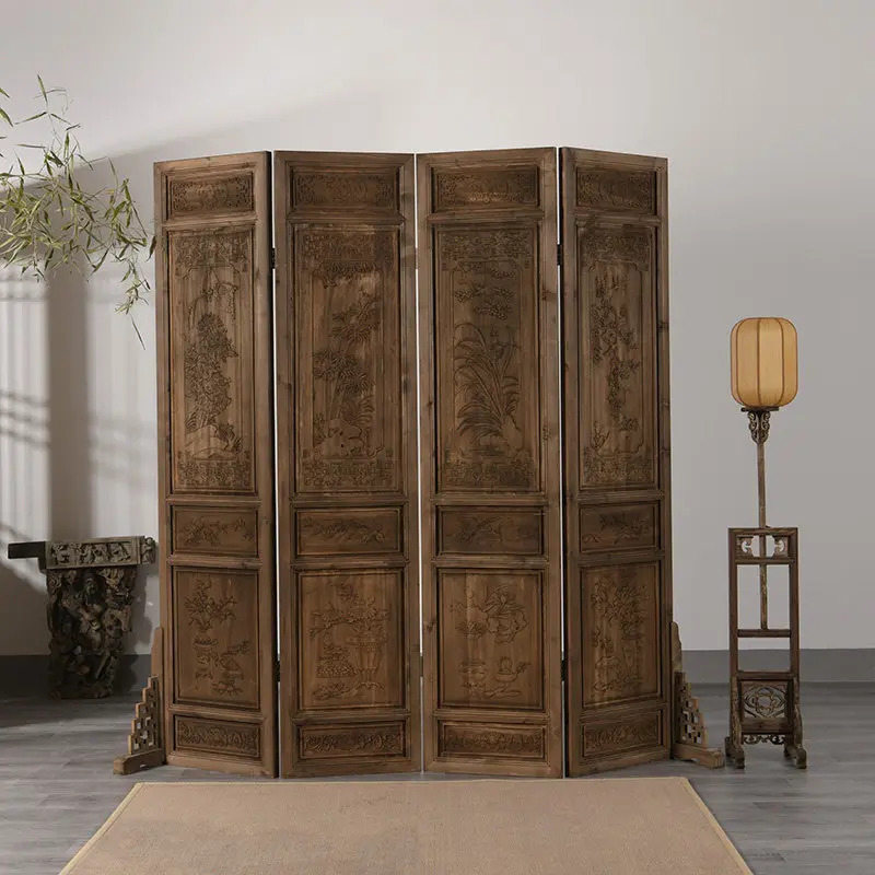 Chinese-style screen partition, foldable and movable, vintage Zen-style antique solid wood carving