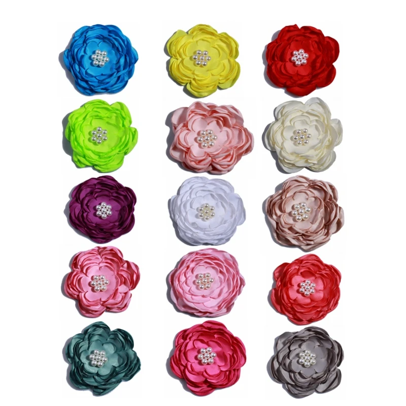 120PCS 9.2CM  Fashion Burned Satin Fabric Flowers With Bead For Clothes Accessory Layered Customize Chiffon Flower For Headband