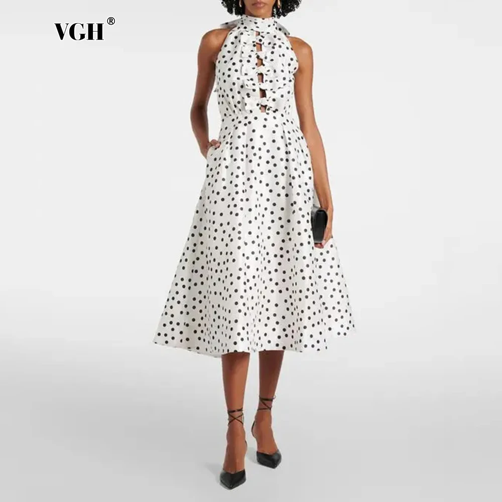 

VGH Dot Printed Spliced Bowknot Hollow Out Dresses for Women Scarf Collar Sleeveless High Waist Temperament A Line Dress Female