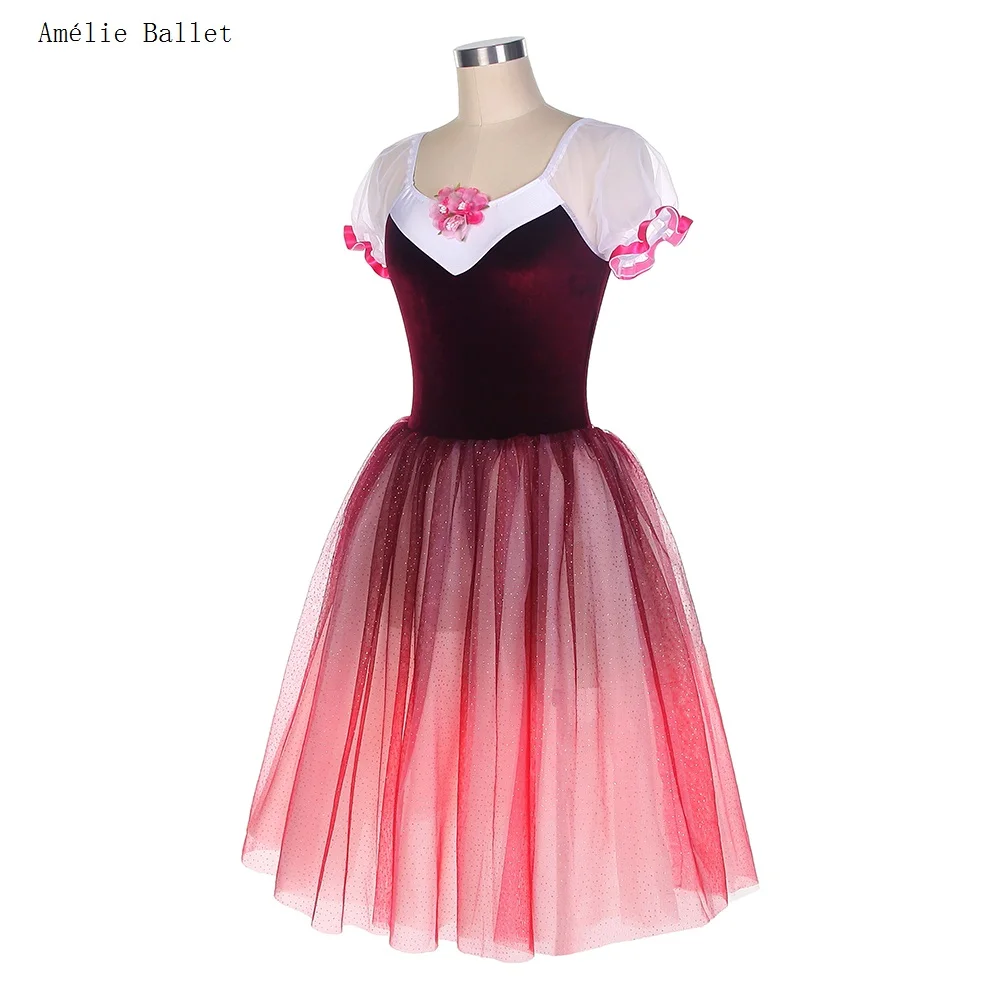 22066 قصيرة الأكمام بورجوندي المخملية صد فستان الباليه رومانسية طويلة الباليه توتو ازياء الفتيات والنساء أداء ملابس الرقص