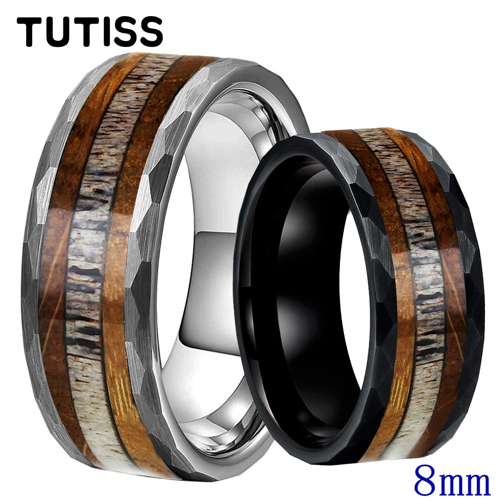 

TUTISS 8mm Men Women Hammer Ring Tungsten Engagement Wedding Band With Barrel Whiskey Wood And Dear Antler Inlay Comfort Fit