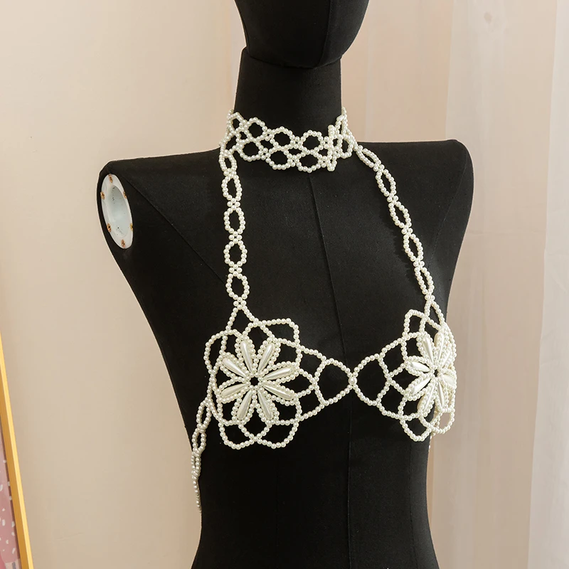 Fashion sexy exaggerated clothing body chain Pearl flower bra personality street snap breast chain female