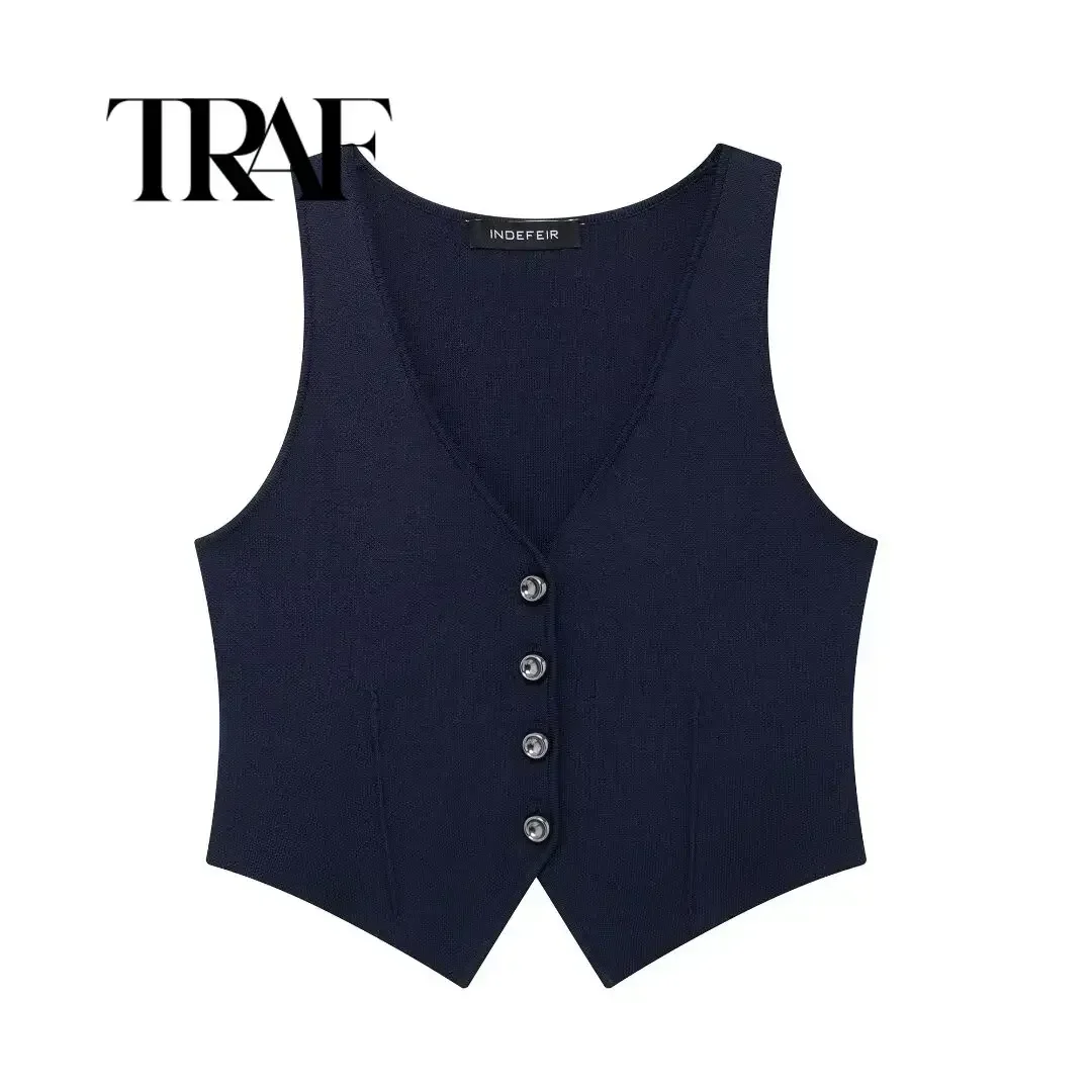 TRAF Women Fashion Tops Vest V-Neck Sleeveless Female Chic Lady Casual Basic Business Waistcoat Outfits Streetwear