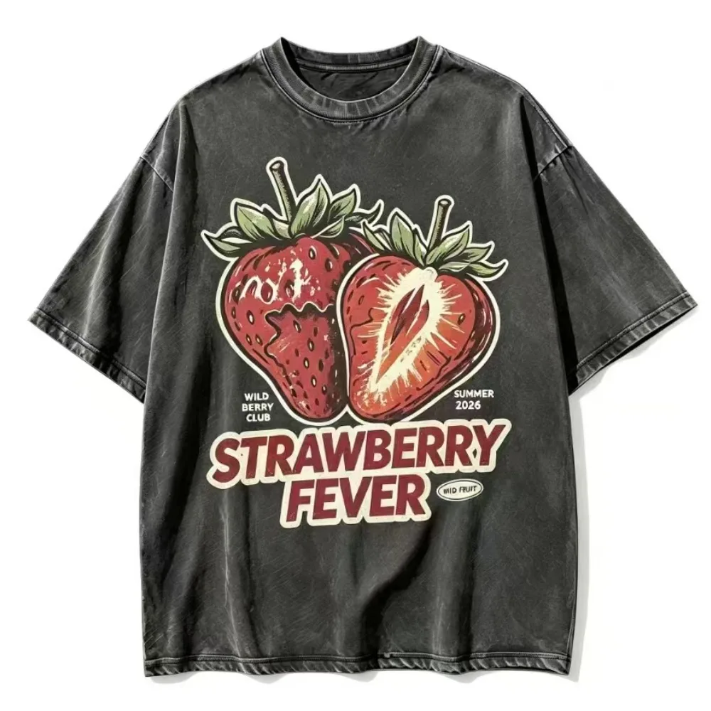 Vintage Strawberry Fever Graphic T‑shirt Men Women Oversized Short Sleeve Tees Casual Loose Fit Retro Fruit Print Washed Cotton