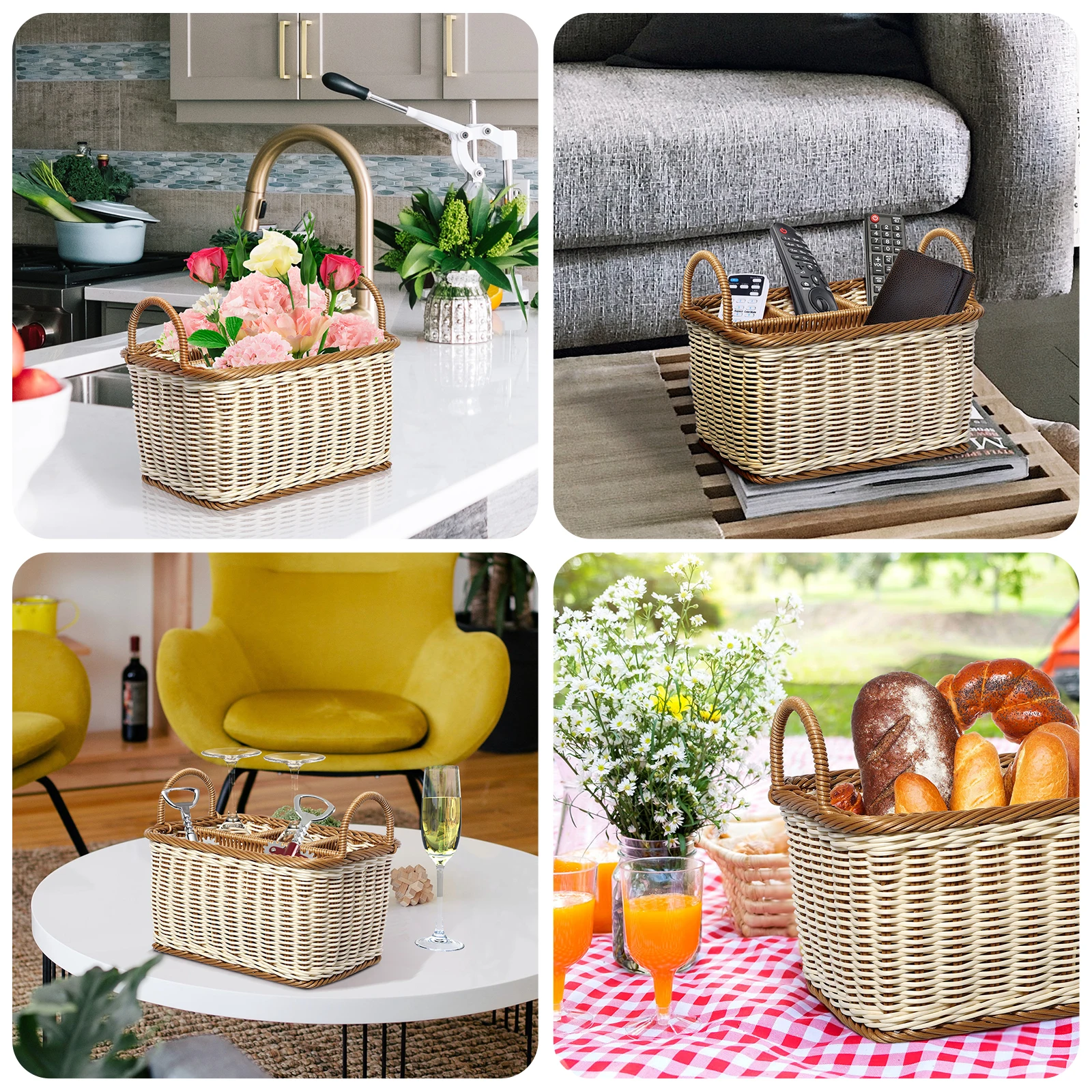 

1Pcs Rattan-Like Storage Basket Hand Woven Organizer Divided Sections Kitchen Bathroom Fruit Storage Container
