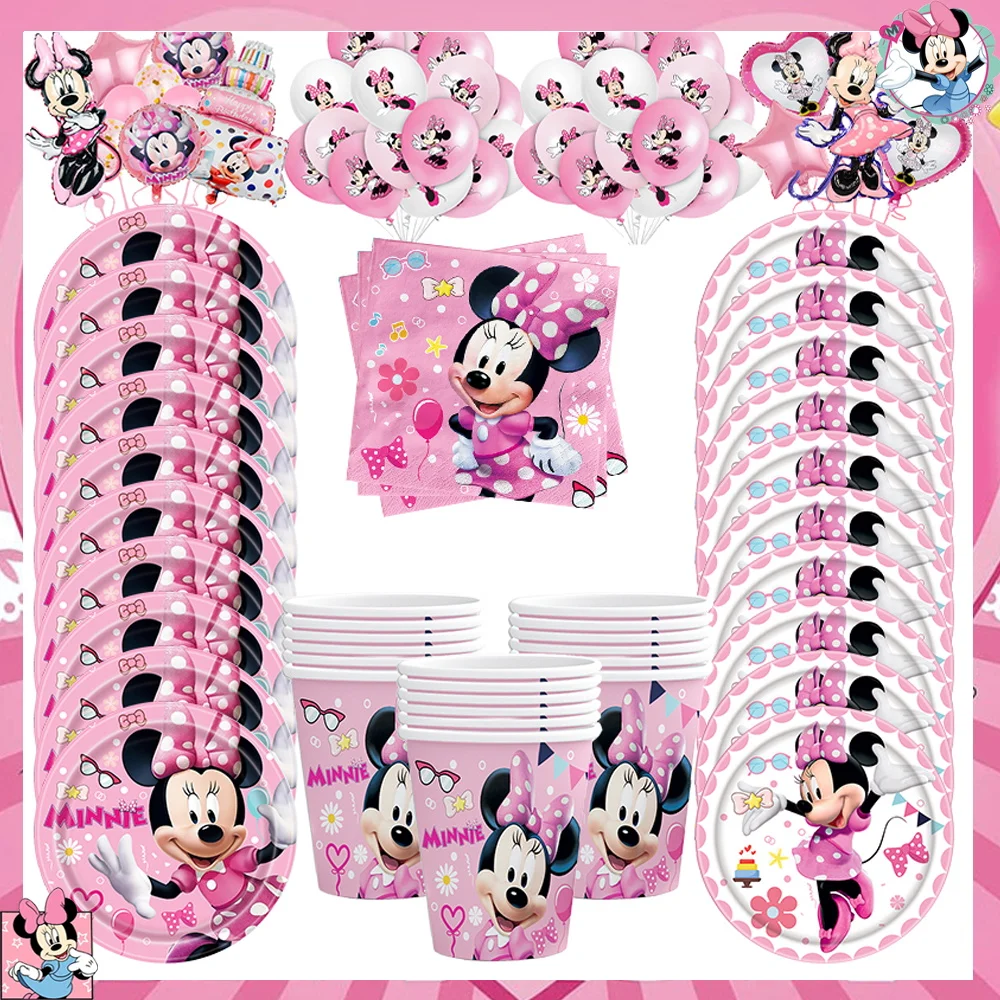 Disney Minnie Mouse Birthday Party Decoration Pink Minnie Paper Plate Cup Napkin Tablecloth Balloon Backdrop for Kid Baby Shower