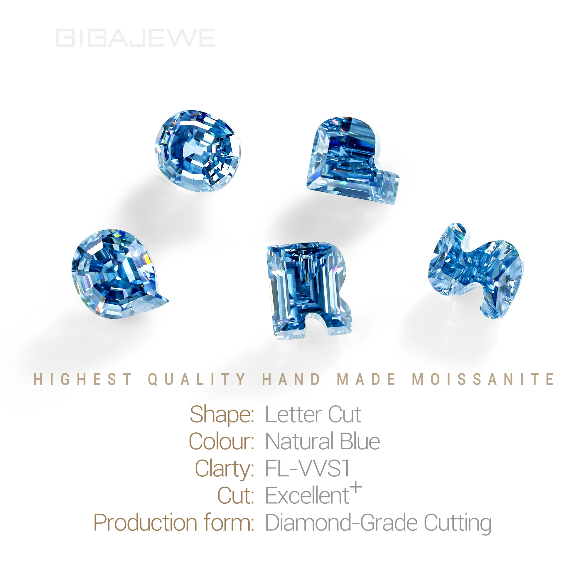 GIGAJEWE Natural Blue Hand Cut Moissanite Alphabet Letter Loose Stones 5x7mm Vibrant and Precision Cut Gems