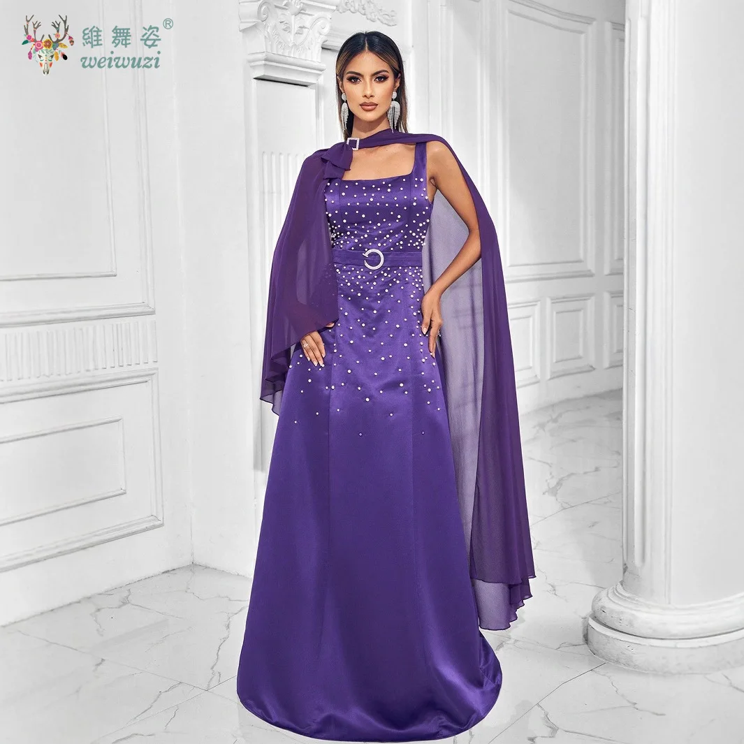 Purple Minimalist Satin Sleeveless Square Neck Vest A-line Evening Gown Pearl Embroidery Slim Fit Cocktail Party Evening Gown
