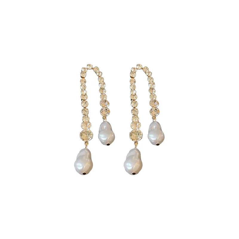 Long Irregular Pearl Crystal Tassel Dangle Earrings