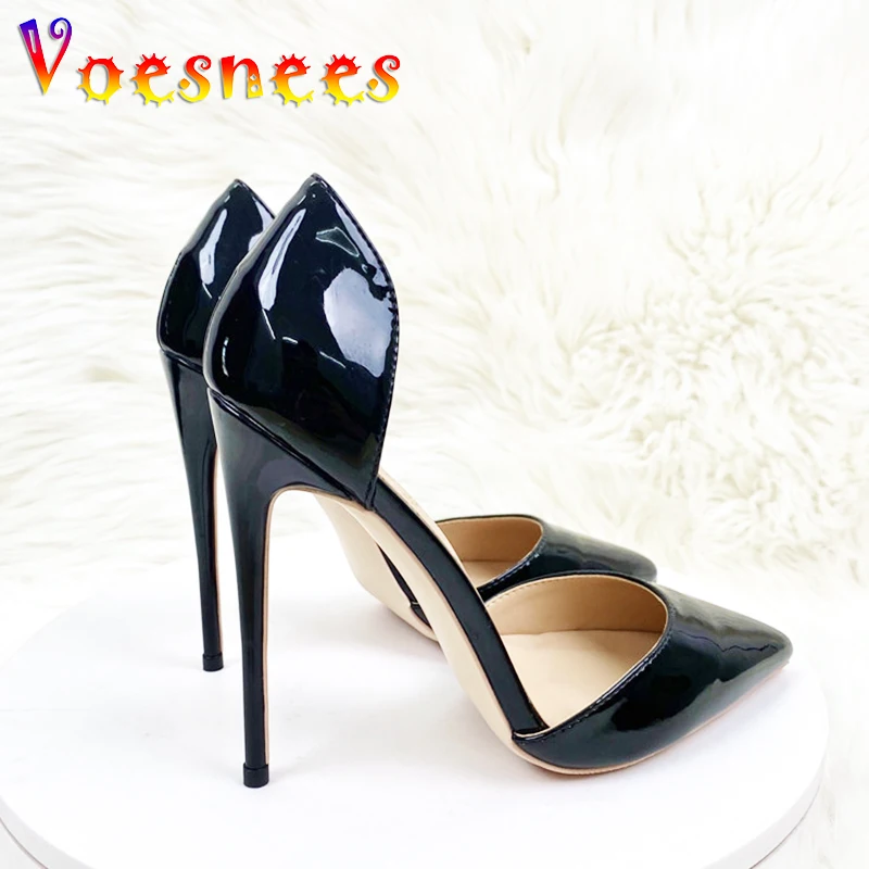 New Side Empty High Heels For The Summer Of 2023 12CM Pointed Slim Heel Sandals Black Lacquer Leather Workplace Women\'s Shoes