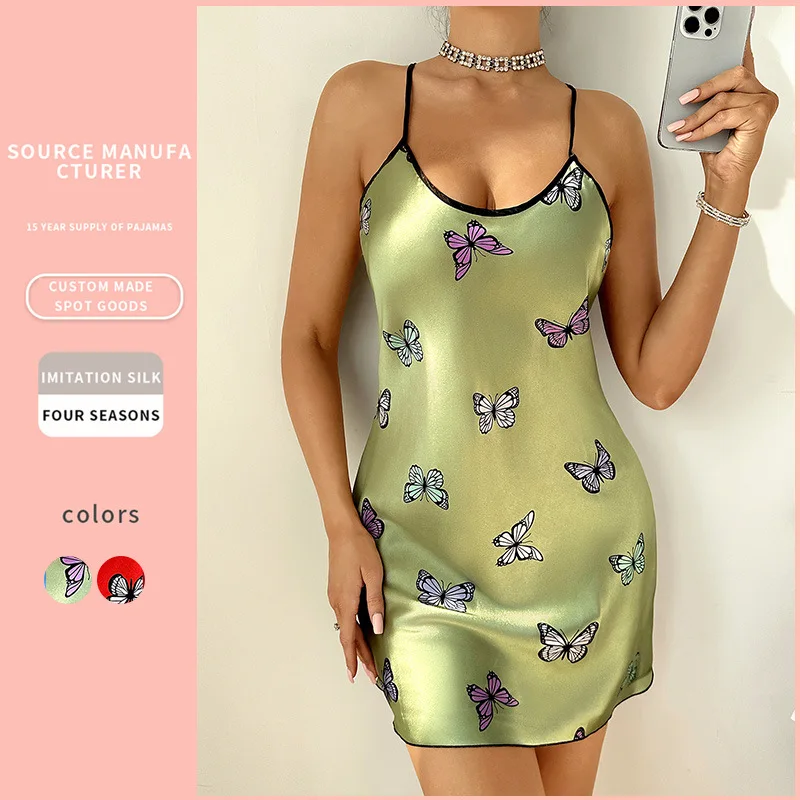 Ladies Sexy Sling Nightdress Artificial Silk  Butterfly Suspender Skirt Female Backless Pajamas