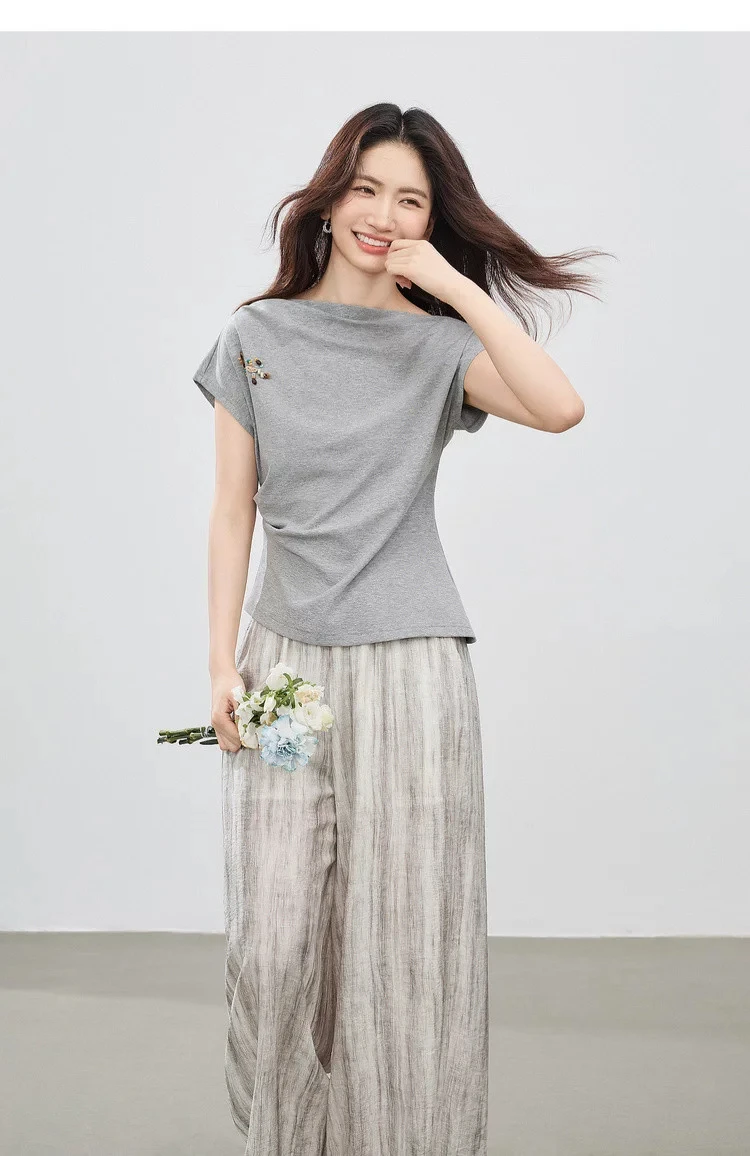 SENTUBILA 2026 Sommer-Damenanzug Zweiteiliges Hosen-Set Lässiges Baumwoll-T-Shirt Leinen-Hose mit Weitem Bein Damenbekleidung 162ZL6840 – Detail 23