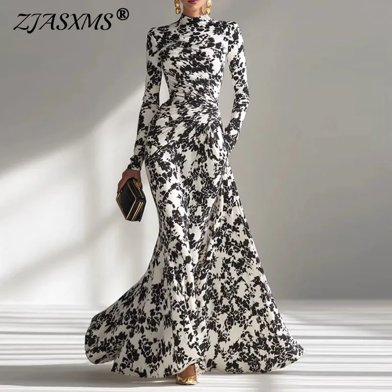 Sexy O Neck Floral Print Long Maxi Dress Woman 2026 Spring High Waist Slim Draped Party Dress Fall Long Sleeve A-Line Boho Dress