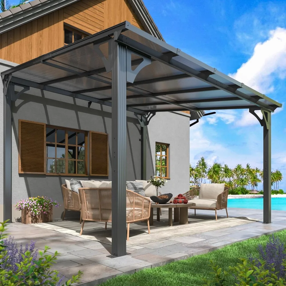 

10x10 FT Gazebo, Pergola Awnings for Patio with Hardtop Gazebos on Clearance, Patio Covers for Shade and Rain, Lean to Gazebo Su