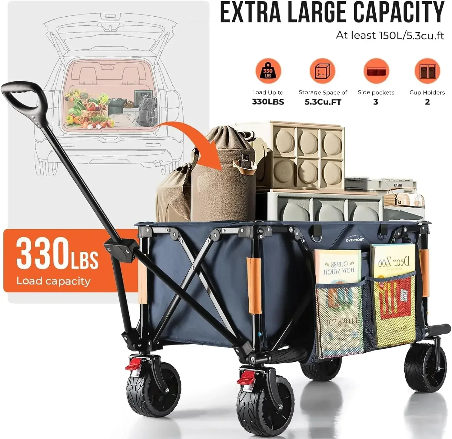 Collapsible Wagon Cart with Wheels - All-Terrain 3.2in Wide Wheels - Foldable 150L Large Capacity with Side Pockets