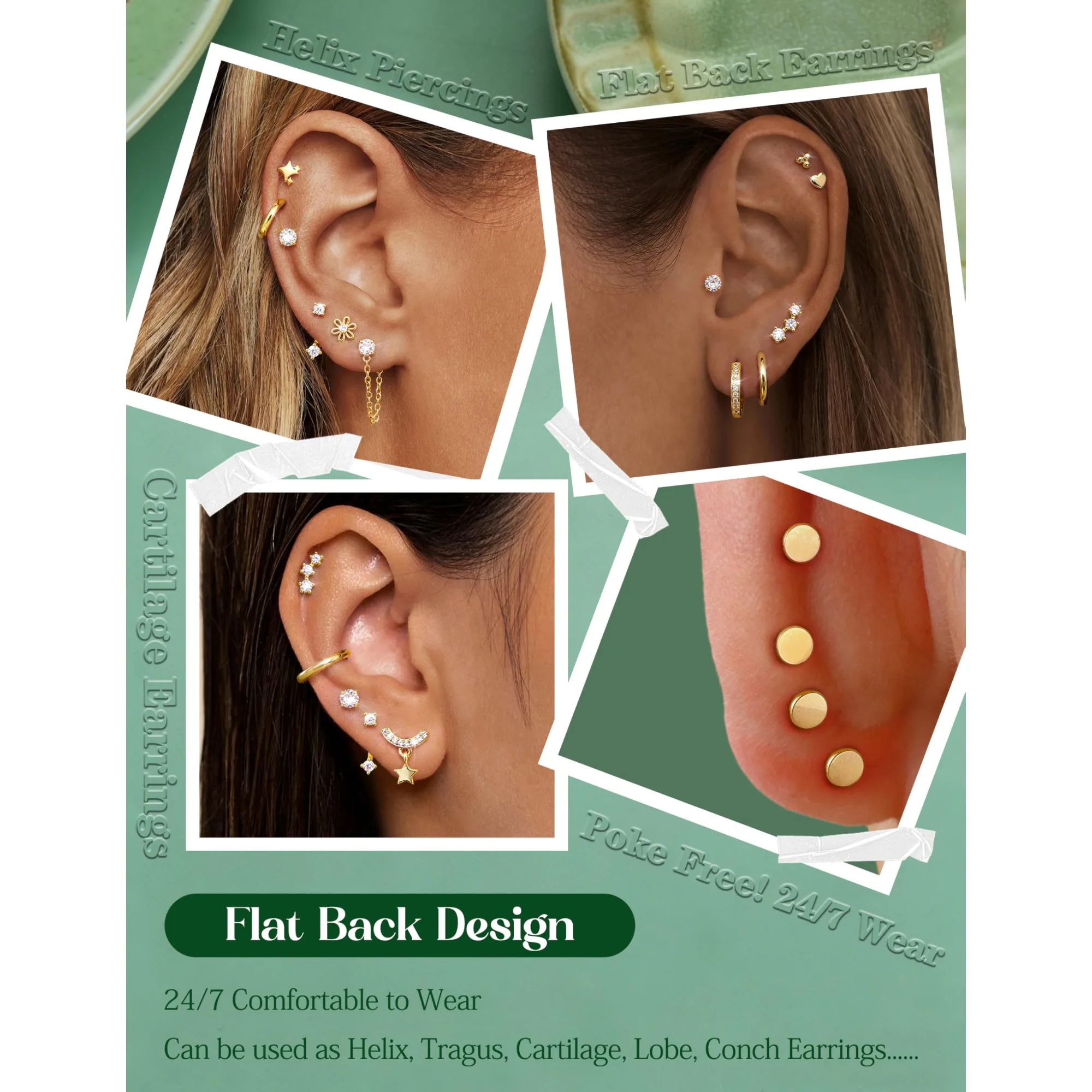 18 Pairs Hypoallergenic Flat Back Earrings Cartilage Earring Stacks 14K Gold Plated Surgical Steel, Dainty Small Hoops Earrings Set for Sensitive Ears Women's Jewelry Gift - view 5