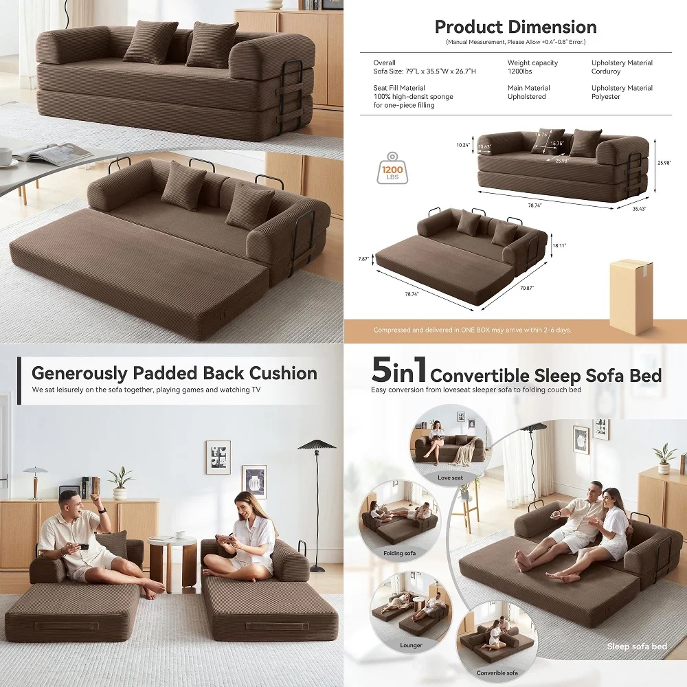 

3 in 1 Convertible Sleeper Sofa Bed,Pull Out Couch for Living Room with USB Ports amp Side Pockets,Adjustable Backrest,Velvet,L