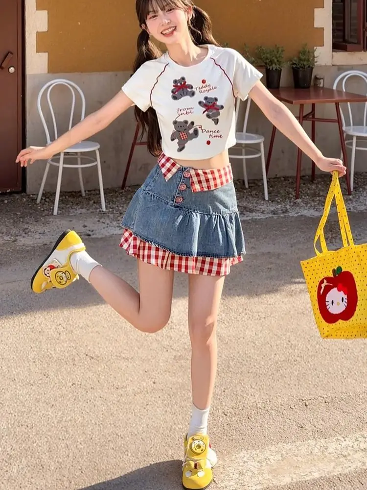 American Fake Two-piece Design-sensory Denim Skirt Women 2025 Summer New Y2k Hot Girls Slim A-line Short Skirt