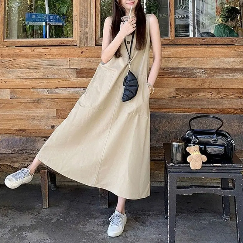 

Fashion Korean Sleeveless Long Dress Summer A-line Commuting Female Clothing Round Neck Simple Solid Color Vintage Dresses