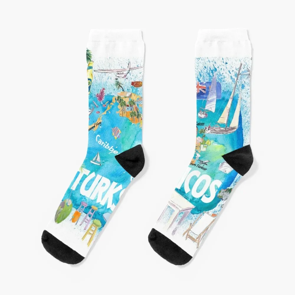 Turks & Caicos Antilles Illustrated Travel Map with Roads and Highlights Socks warm winter Toe sports Socks Woman Men's