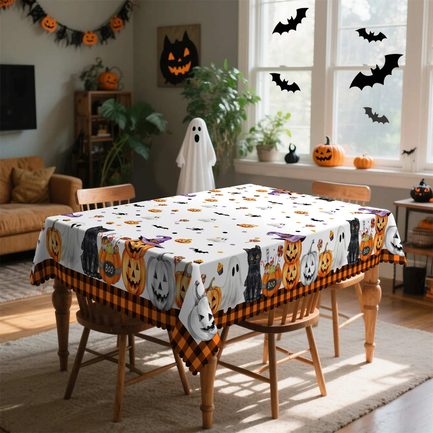 Buffalo Gobo Dot Pumpkin Cat Ghost Candy Halloween Tablecloth - 1 pack - suitable for kitchenzyc