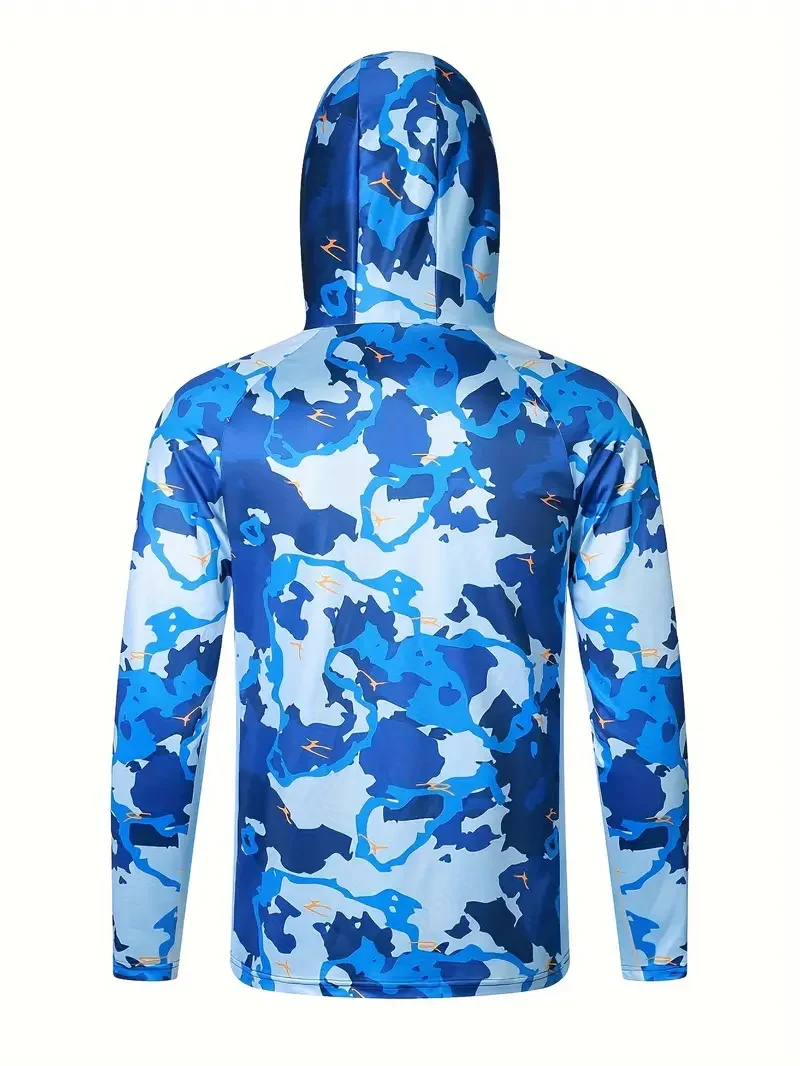Herren Blaues Camo UPF50+ Angelhemd mit Kapuze und Gesichtsmaske, Langarm, Schnelltrocknend, Anti-UV, Atmungsaktiv, Outdoor-Angeloberteil – Detail 7
