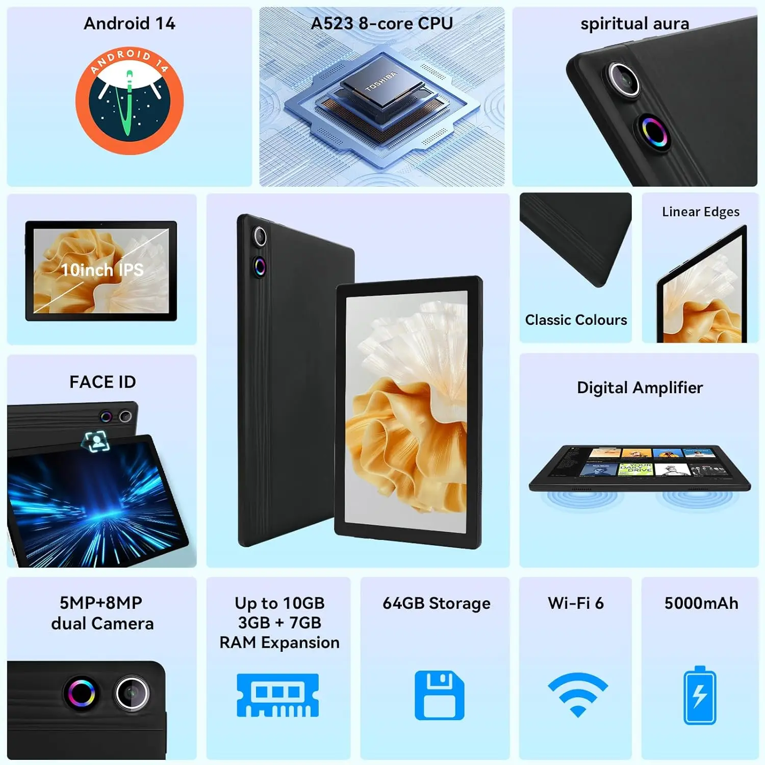 URAO Tablet 10 pulgadas Android 14 tabletas 10GB + 64GB 1TB ampliar procesador octa-core WideVine L1 5000mAh WiFi6 USB OTG detección facial