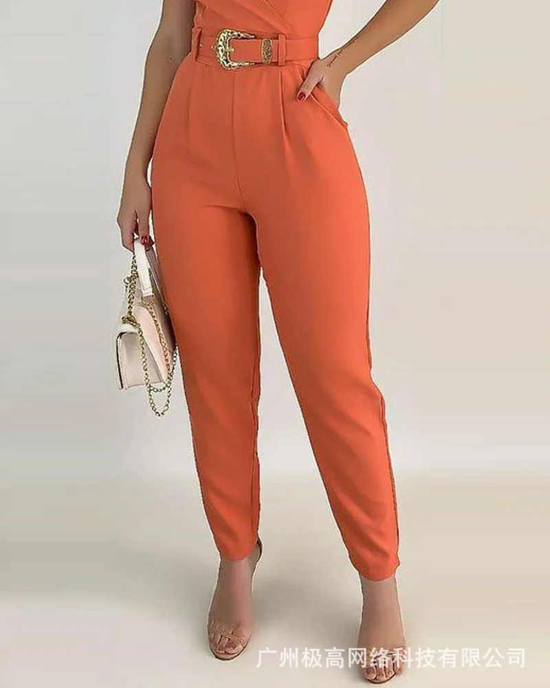 V-Neck Pocket Detail Cami Jumpsuit With Belt Women Overall Pants Spring Summer Sleeveless Solid Color Jumpsuits