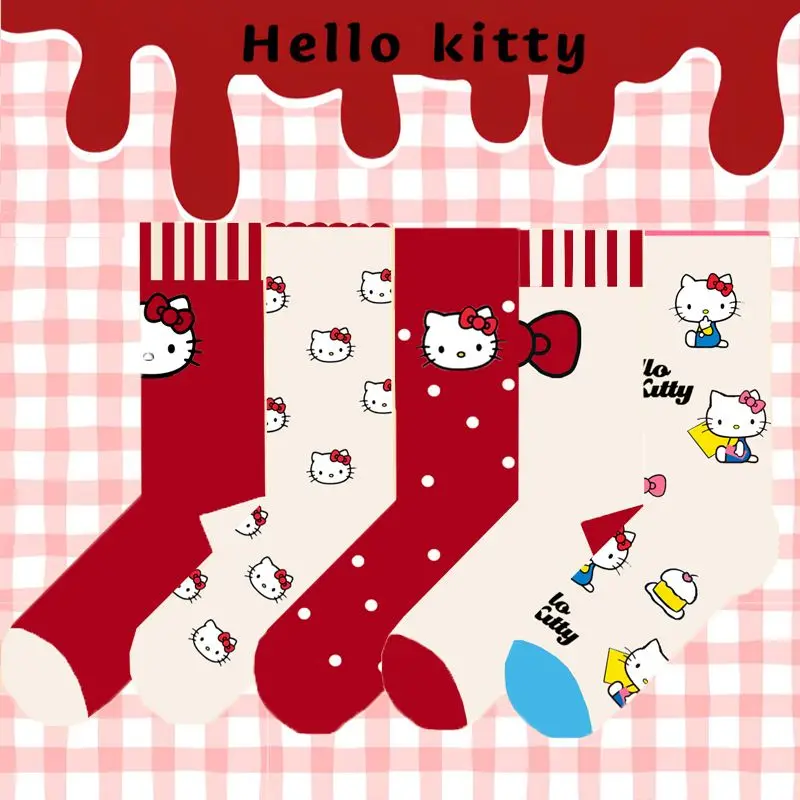 Sanrio Women's Cotton Socks Cartoon Hello Kitty Girls' Socks Cute Autumn and Winter Student Mid-calf Non-Slip Socks Girls Gift