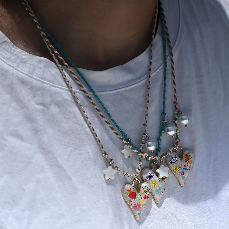 NEW Handmade Knotted Rope Heart Pendant Necklace Fashion Sweater Chain Stackable Star Pearl Necklace For Women Jewelry Gift
